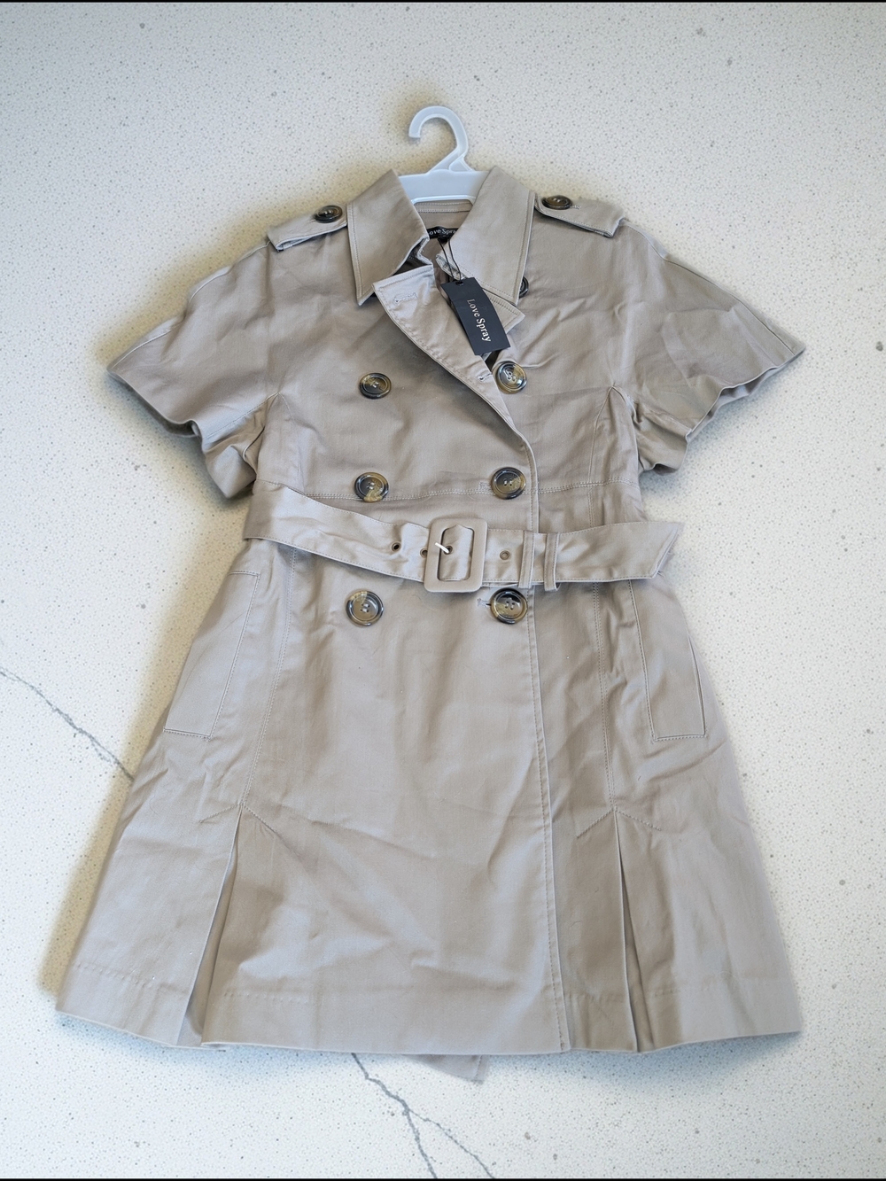 Beige Trench Coat Dress Size Small Belted Double Breasted Love Spray NWT